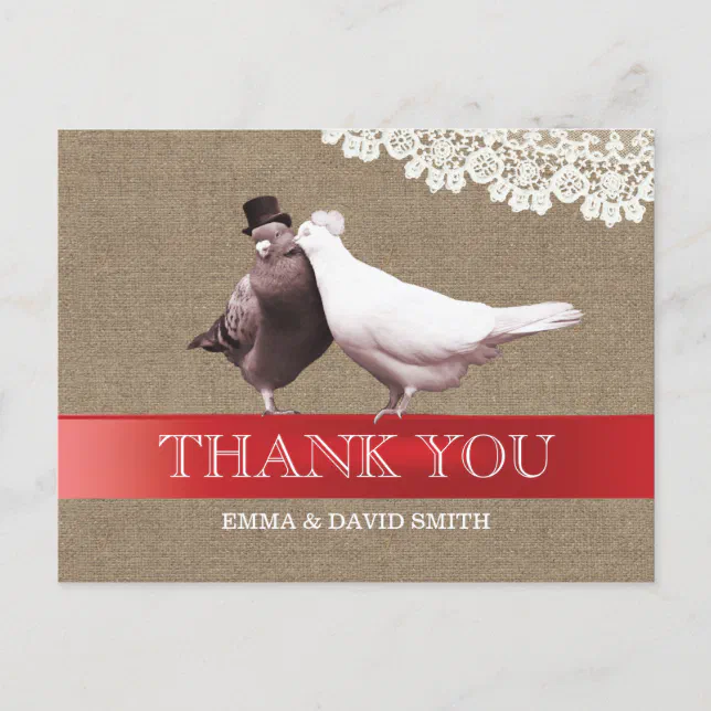 Classy Red Ribbon Love Birds Burlap Thank You Postcard | Zazzle