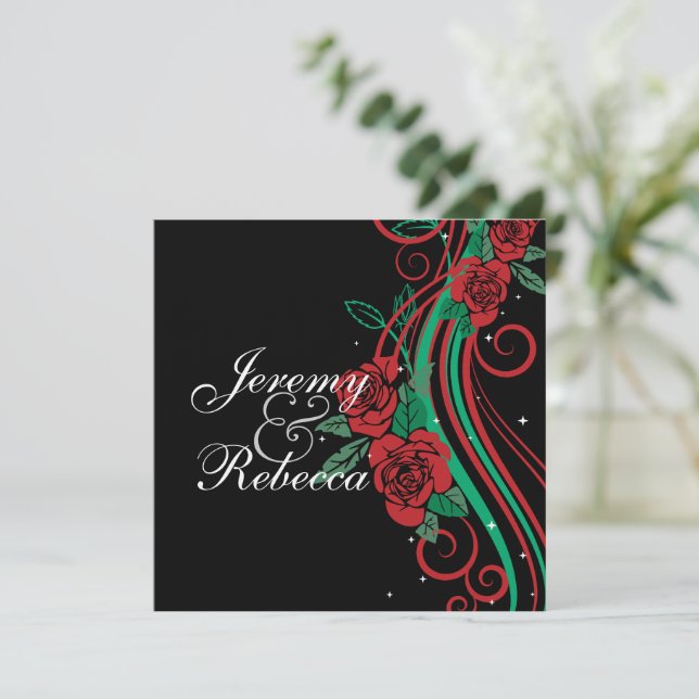 Classy Red Roses and green swirls on black wedding Invitation (Standing Front)