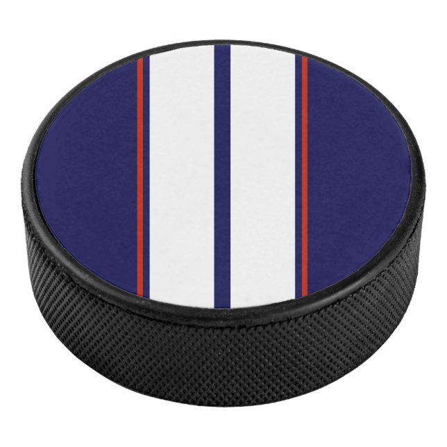 Classy Red, White, and Blue Racing Stripes Hockey Puck (3/4)