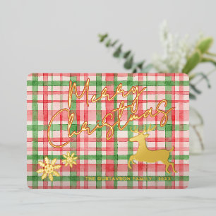 Classy Reindeer On Dark Green Pink Red Plaid Gold Foil Holiday Card
