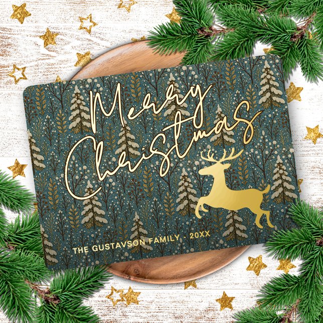 Classy Reindeer On Wintery Forest Trees Gold Foil Holiday Card (Creator Uploaded)