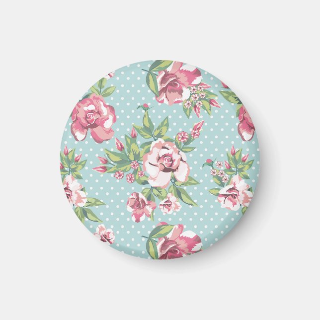Classy retro floral pattern cute polka dots blue magnet (Front)