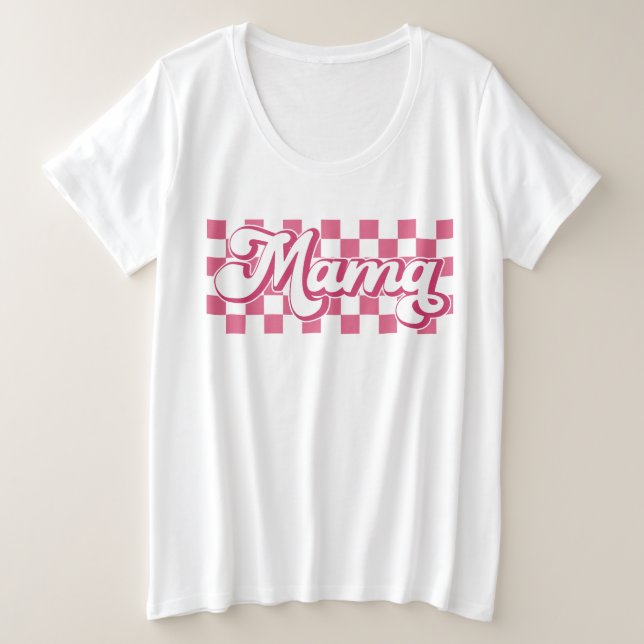 Classy Retro Mama Pink Checkered  Plus Size T-Shirt (Design Front)