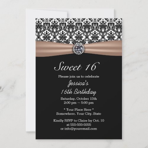 Classy Ribbon  Damask Diamond Sweet 16 Invitation