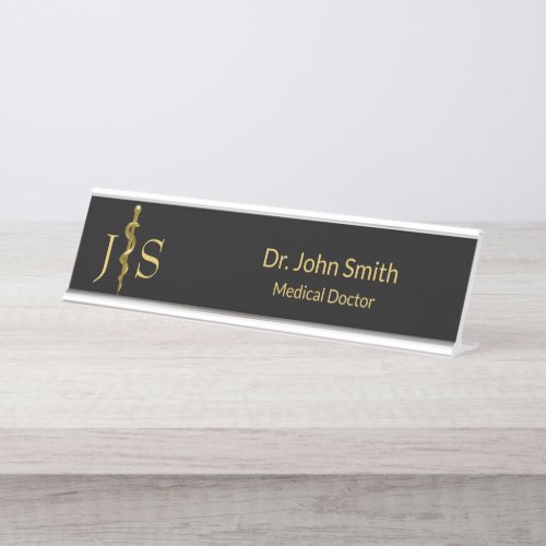 Classy Rod of Asclepius Gold on Black Medical Desk Name Plate