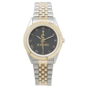 Classy Rod of Asclepius Gold on Black Medical Name Watch