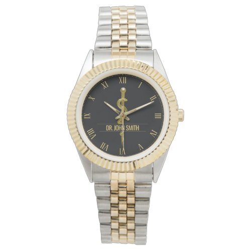 Classy Rod of Asclepius Gold on Black Medical Name Watch