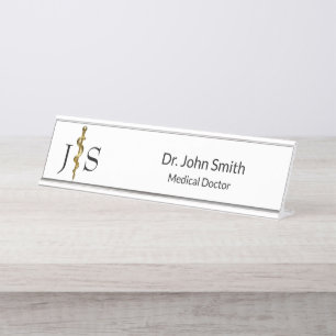 Classy Rod of Asclepius Gold on White Medical Desk Name Plate