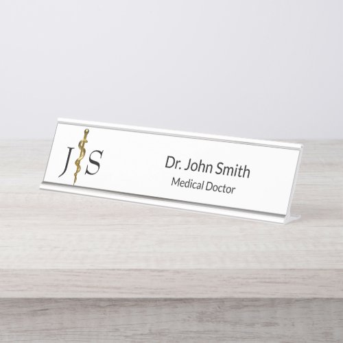 Classy Rod of Asclepius Gold on White Medical Desk Name Plate