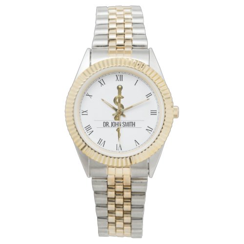 Classy Rod of Asclepius Gold on White Medical Name Watch