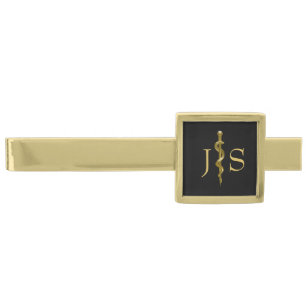 Classy Rod of Asclepius Medical Gold on Black Finish Tie Bar