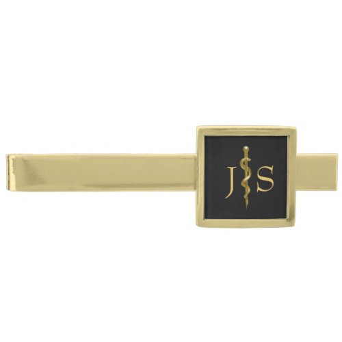 Classy Rod of Asclepius Medical Gold on Black Gold Finish Tie Bar