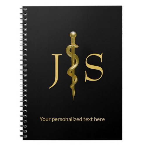 Classy Rod of Asclepius Medical Gold on Black Notebook