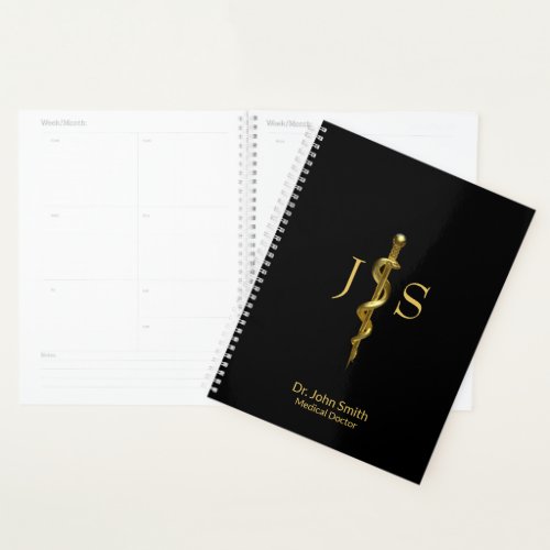 Classy Rod of Asclepius Medical Gold on Black Planner