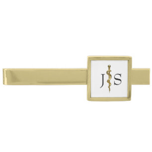 Classy Rod of Asclepius Medical Gold on White Gold Finish Tie Bar
