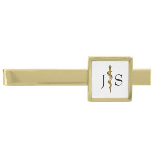 Classy Rod of Asclepius Medical Gold on White Gold Finish Tie Bar