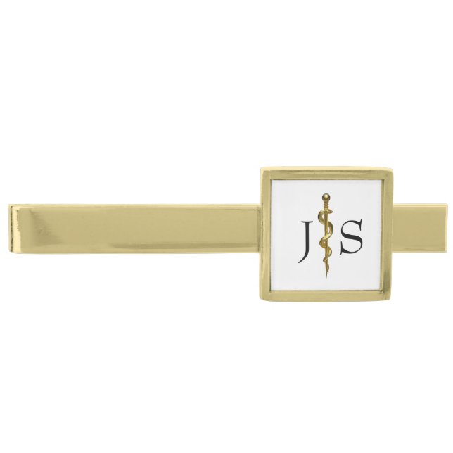 Classy Rod of Asclepius Medical Gold on White Gold Finish Tie Bar (Front)