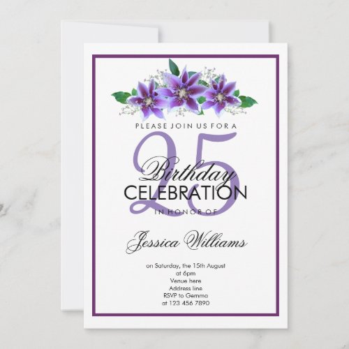 Classy Romantic Purple Clematis Birthday Invitation