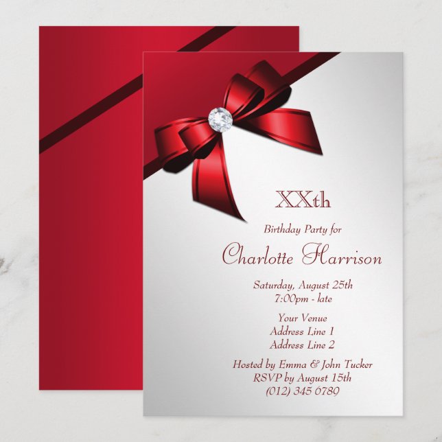 Classy Romantic Red & Silver Birthday Party Invitation (Front/Back)