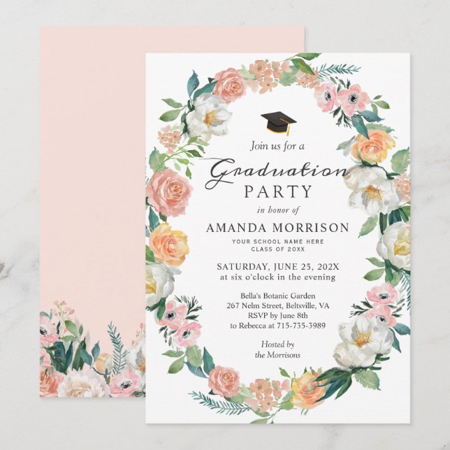 Classy Rose Floral Graduation Party Invitation (Front/Back)