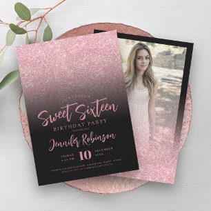 Classy Rose Gold Black Glitter Photo Sweet 16 Invitation