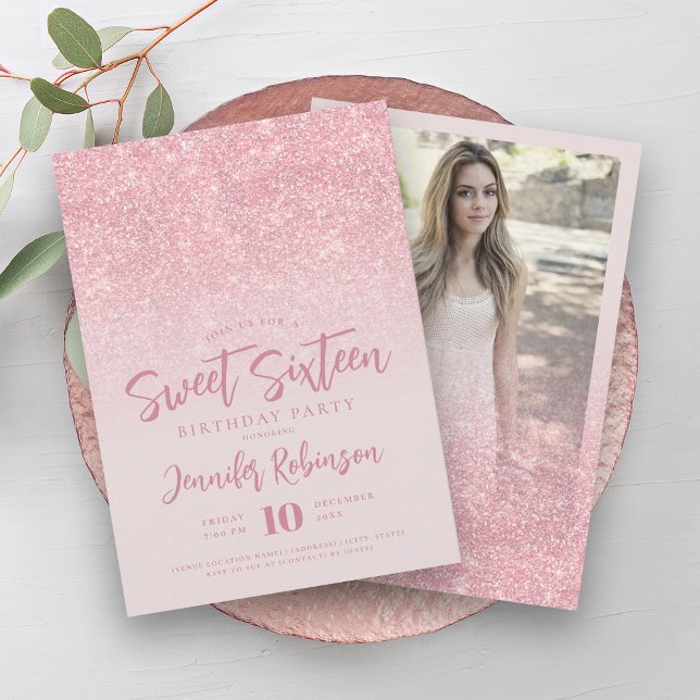 Classy Rose Gold Blush Glitter Photo Sweet 16   Invitation (Classy Rose Gold Blush Glitter Photo Sweet 16 Invitation)