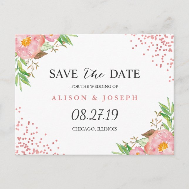 Classy Rose Gold Dots Floral Wedding Save the Date Announcement Postcard (Front)
