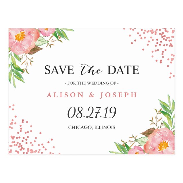 Classy Rose Gold Dots Floral Wedding Save The Date Postcard