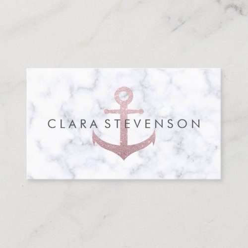 Classy rose gold glitter anchor  white marble business card