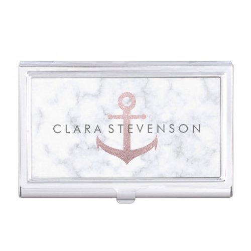 Classy rose gold glitter anchor  white marble business card case