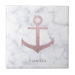 Classy rose gold glitter anchor & white marble ceramic tile<br><div class="desc">Stylish and elegant design featuring faux rose gold glitter anchor & white marble.</div>