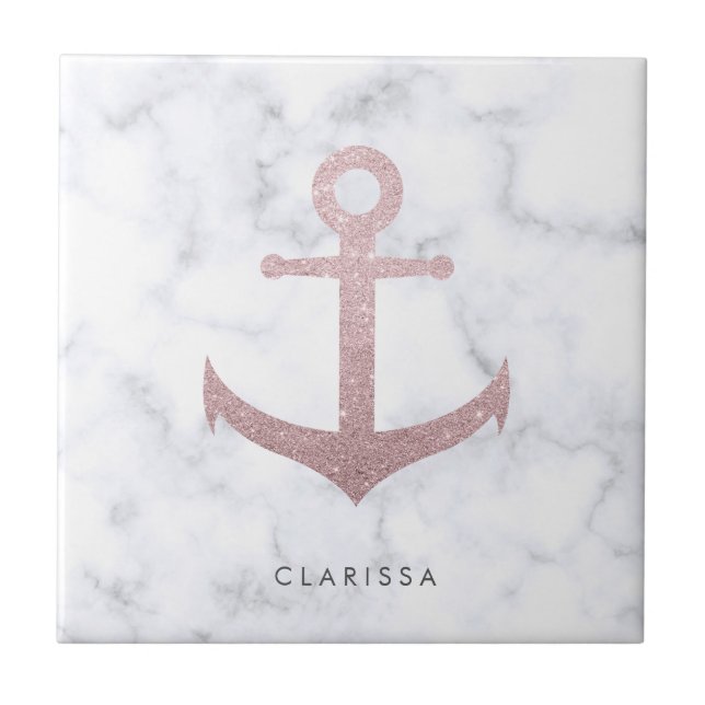 Classy rose gold glitter anchor & white marble ceramic tile (Front)