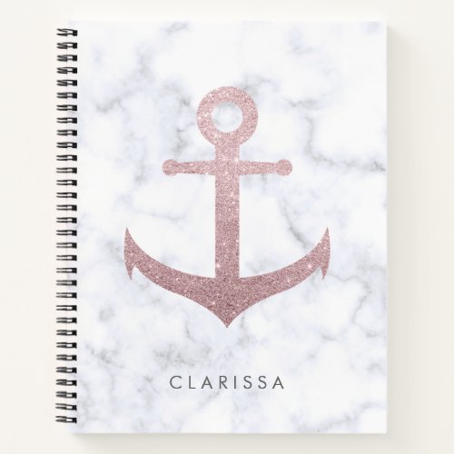 Classy rose gold glitter anchor  white marble notebook