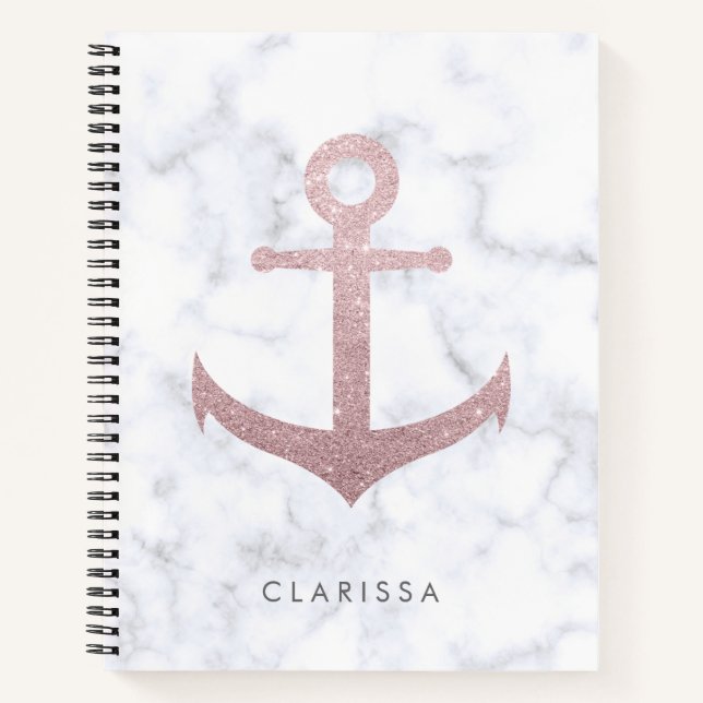 Classy rose gold glitter anchor & white marble notebook (Front)