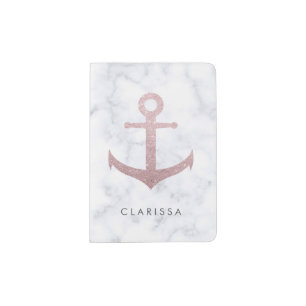 Classy rose gold glitter anchor & white marble passport holder