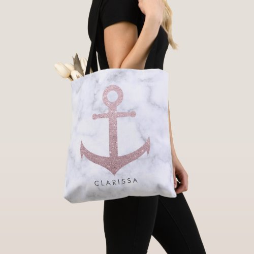Classy rose gold glitter anchor  white marble tote bag