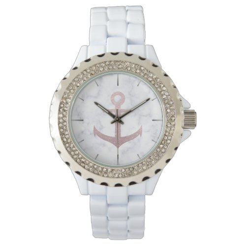 Classy rose gold glitter anchor  white marble watch