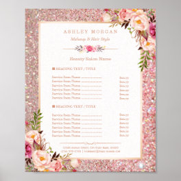 Classy Rose Gold Glitter Floral Beauty Salon Menu Poster
