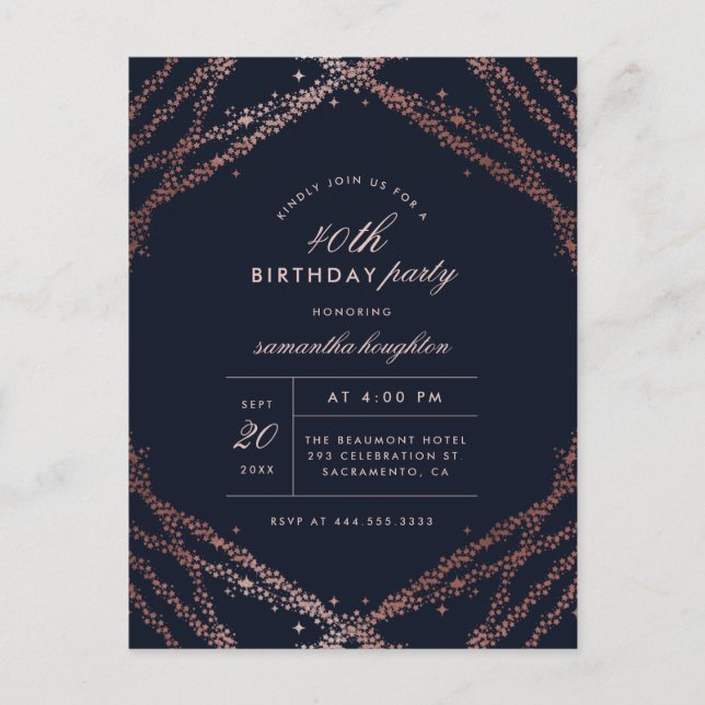 Classy Rose Gold & Navy Blue Birthday Party Invitation Postcard (Front)