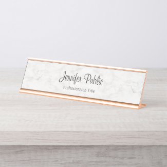 Classy Rose Gold White Marble Modern Elegant Desk Name Plate