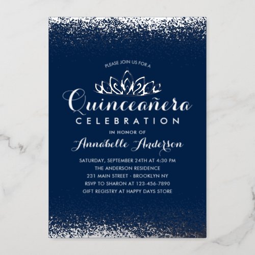 Classy Royal Blue Quinceaera Silver Tiara Glitter Foil Invitation