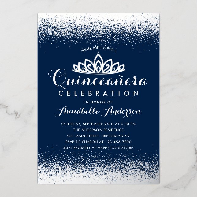 Classy Royal Blue Quinceañera Silver Tiara Glitter Foil Invitation (Front)