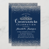 Classy Royal Blue Quinceañera Silver Tiara Glitter Invitation (Front/Back)