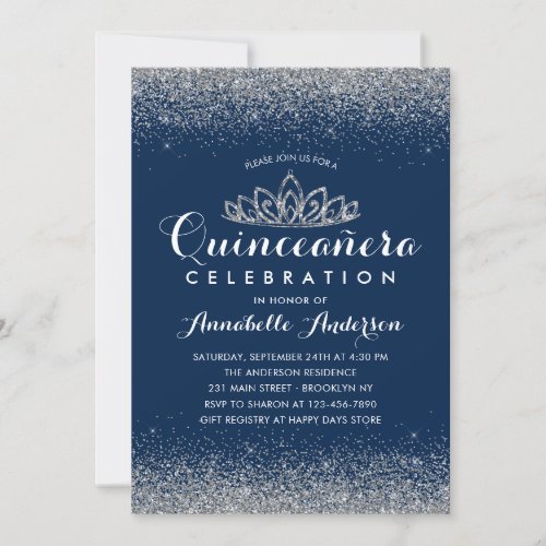 Classy Royal Blue Quinceaera Silver Tiara Glitter Invitation