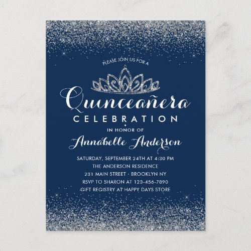 Classy Royal Blue Quinceaera Silver Tiara Glitter Postcard