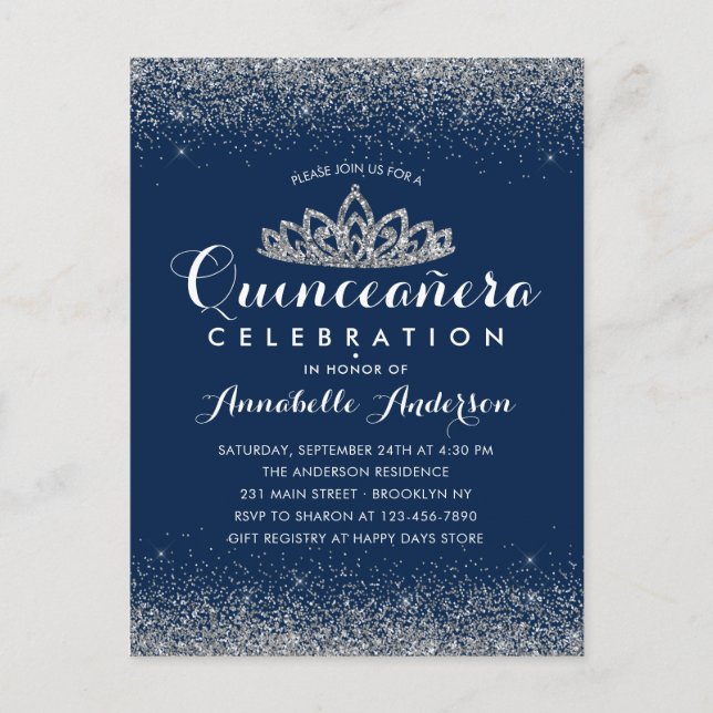 Classy Royal Blue Quinceañera Silver Tiara Glitter Postcard (Front)