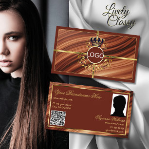 Classy Royal Brown Gold Crown Logo Photo QR Code Business Card