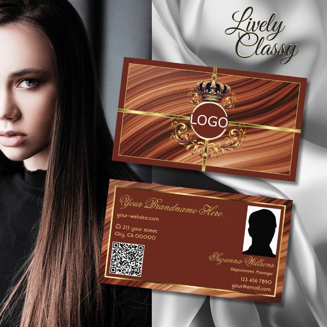 Classy Royal Brown Gold Crown Logo Photo QR Code Business Card (Creator Uploaded)