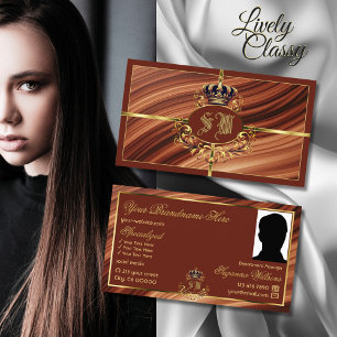 Classy Royal Brown Gold Crown with Monogram Photo Business Card