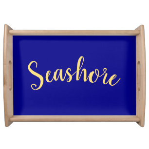 Classy Royal Navy Blue Background Seashore Text Serving Tray